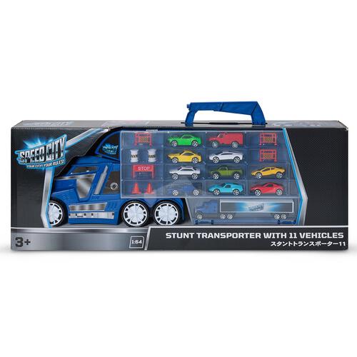Speed City Stunt Transporter with 11 vehicles Blue